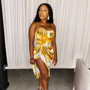 Orange Tie Dye Corset Top & Ruched Midi Skirt